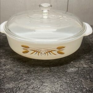 Fire King Vintage Covered Glass Casserole Dish with Golden Wheat Design